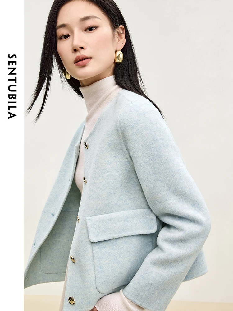 SENTUBILA Blue Coats for Elegant Women 2025 Winter Crew Neck Metal Single Breasted Wool Cropped Jackets Office Lady W44O56000