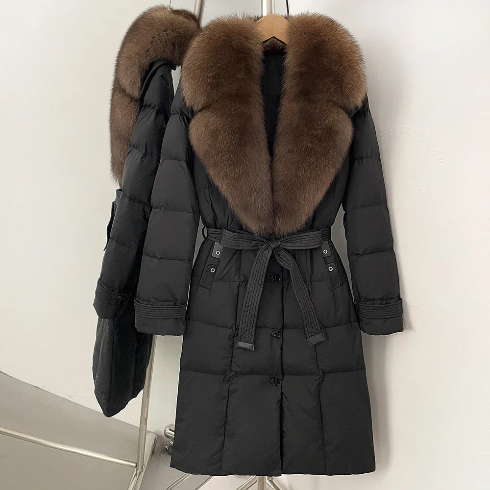 2025 New Winter Real Fox Fur Long Clothes Women Belt Thickened Warm Natural Fur Duck Down Female Luxury Fashion Puffer Jacket