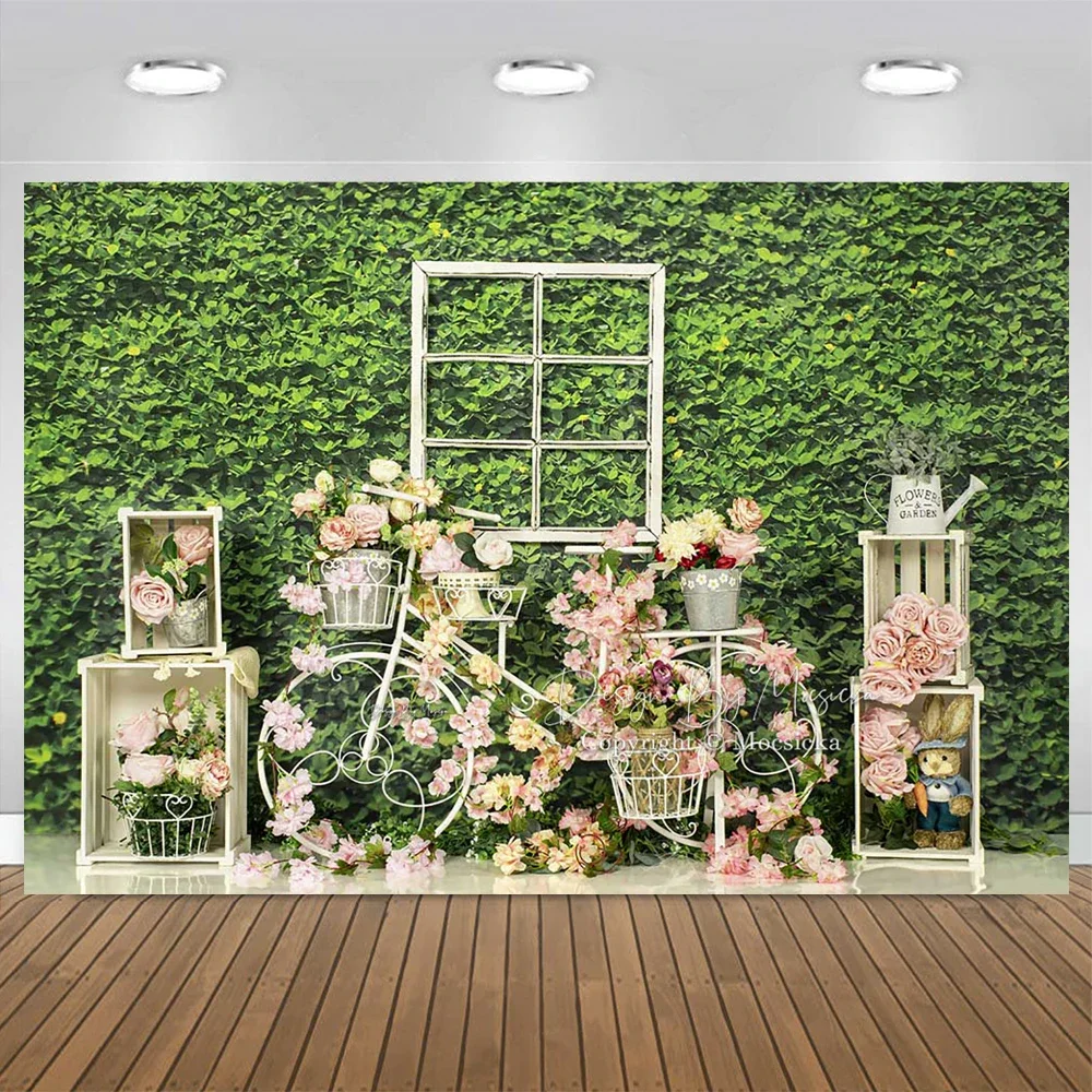 Spring Green Grass Wall Wooden Box Decor Backdrop Newborn Cake Smash Photography Floral Bicycle Props Child Baby Photostudio