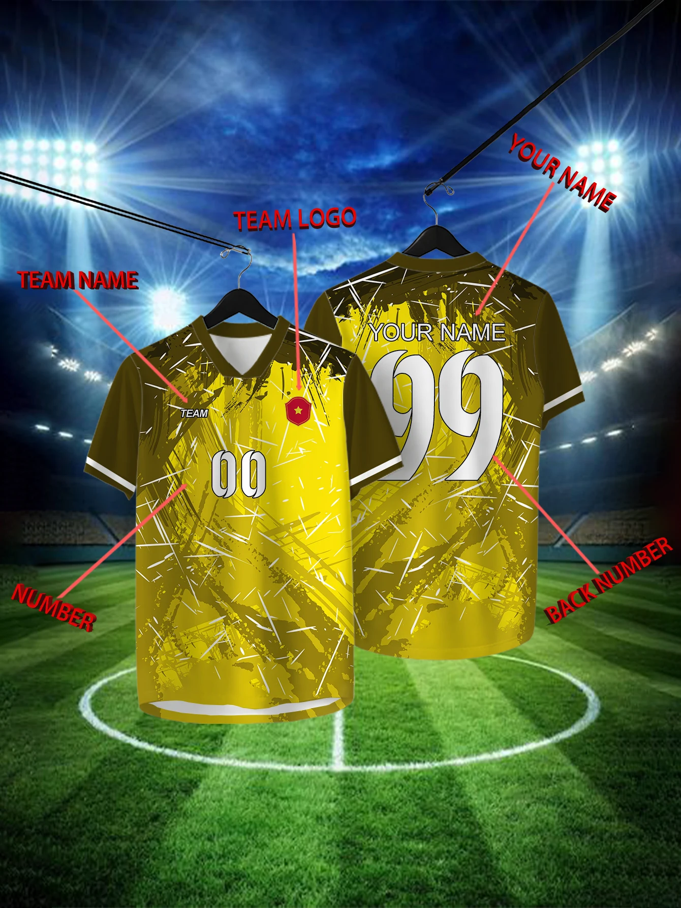 

Customized Geometric Yellow Short Sleeved Shirt with Team Name, Emblem, Name and Number, Outdoor Sports Short Sleeved T-shirt