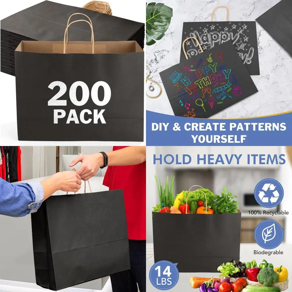 

200 упаковок больших подарочных пакетов из натуральной крафт-бумаги размером 16x6x12 дюймов с ручками для дней рождения, вечеринок, бутиков и розничных товаров