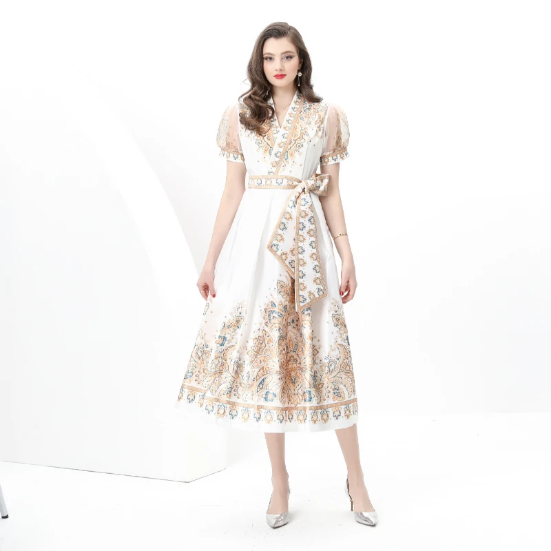 夏秋ヴィンテージ厚いサテン休暇ラップロングドレス女性の V ネックパフスリーブサッシュレースアッププリントドレス