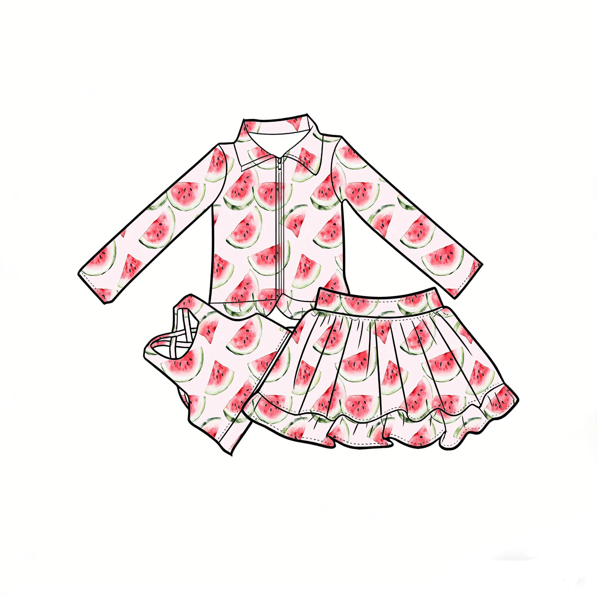 Girls Cartoon Strawberry Print Milk Silk Clothing Long Sleeve Jackets Top Sports Vest Skirts 3 Piece Sets Girl Suit Customizable