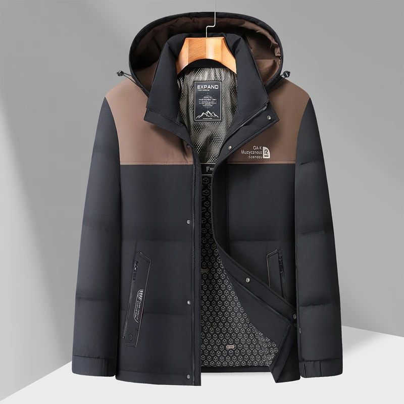 

Men's Color-Blocked Down Jacket Winter Thermal Coat with a Detachable Hood Warm Lightweight Outerwear Black Coffee Puffer Parkas