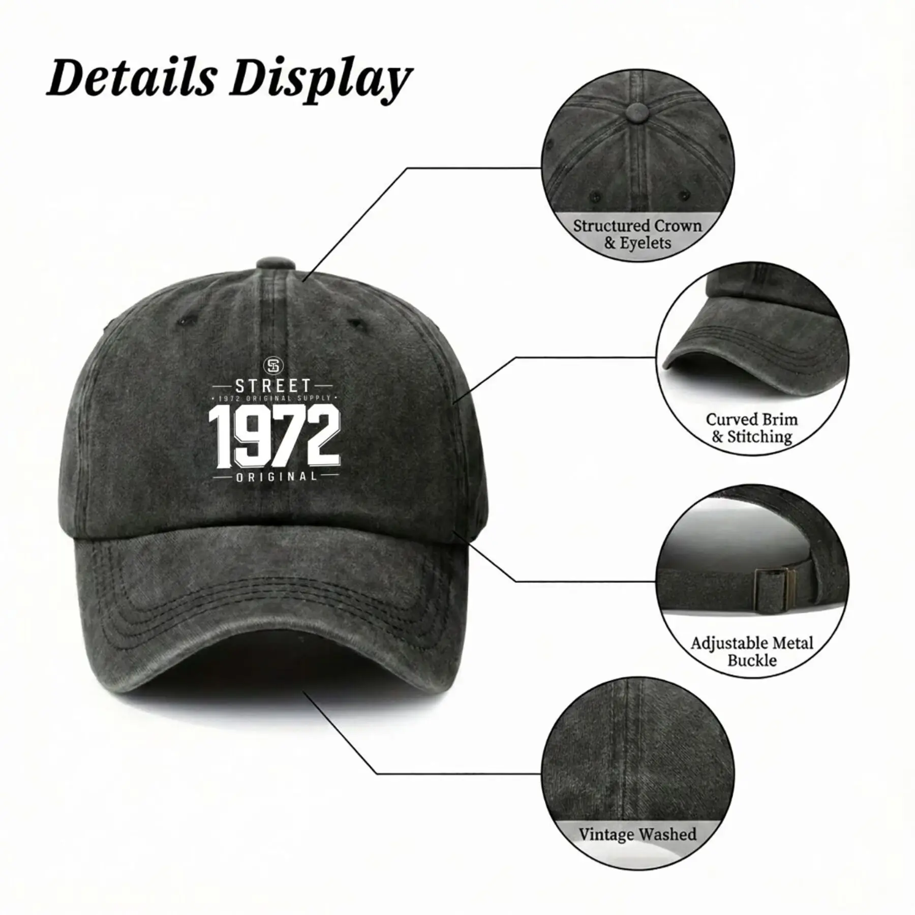Street 1972 Original Premium Mark Lightweight Adjustable Cap for Men, Casual Baseball Cap for Spring and Autumn Outdoor Sports,