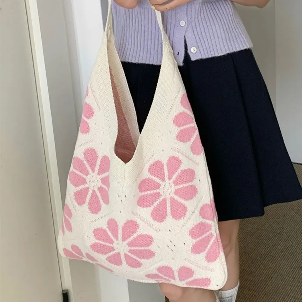 

Retro Ins Flower Knitted Tote Bag Large Capacity Flower Woven Shoulder Bag Korean style Bohemian Women Handbag Vacation