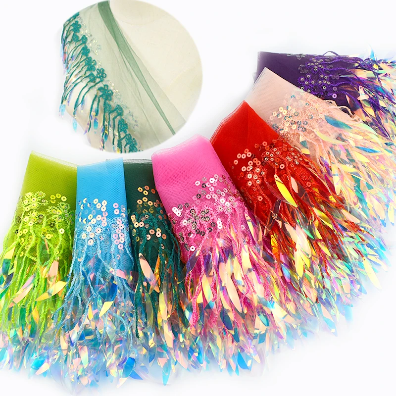 

1-5Yards 15cm Sequins Tassels Fringe Mesh Lace Trim for Sewing Wedding Dress Decor Tassel Latin Dance Clothes Fabric Accessories