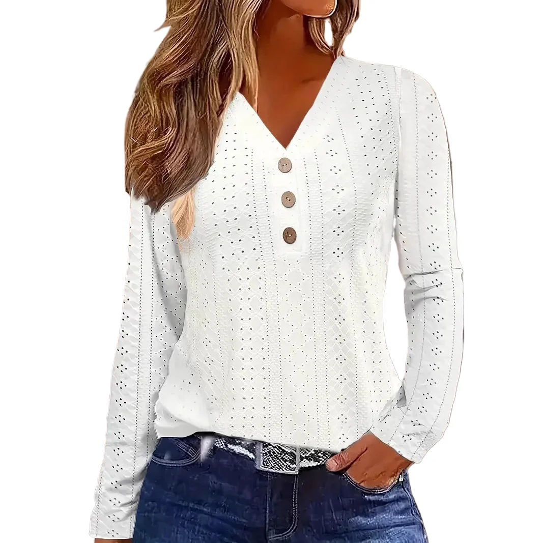 Fashion Hollow Out Blouses for Women Elegant Long Sleeve V-Neck Button Shirts Spring 2025 Ladies Solid Color Tunic Tops Blusas
