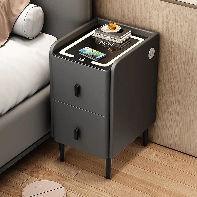 Minimalist Solid Wood Nightstand with Charging Station Ultra Narrow Bedside Cabinet Organizer