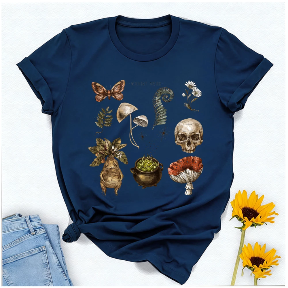 Herbology Botanical Chart Graphic T Shirt Vintage Mandrake Mushroom Moth Skull Cauldron Fern Wildflower Print Witchy Cottagecore