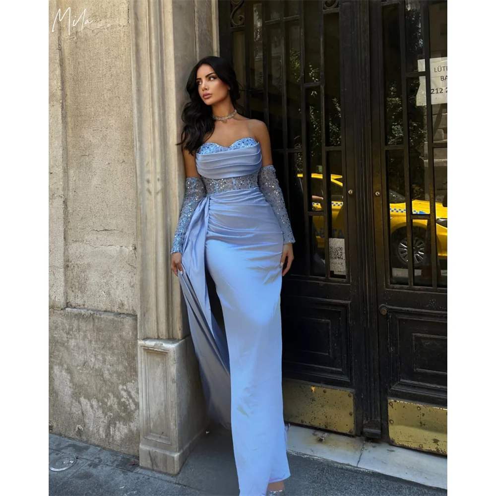 Mila  Sequins Satin Split Blue Prom Dresses Strapless with Gloves Customized Formal Evening Floor-Length vestidos de fiesta 2025