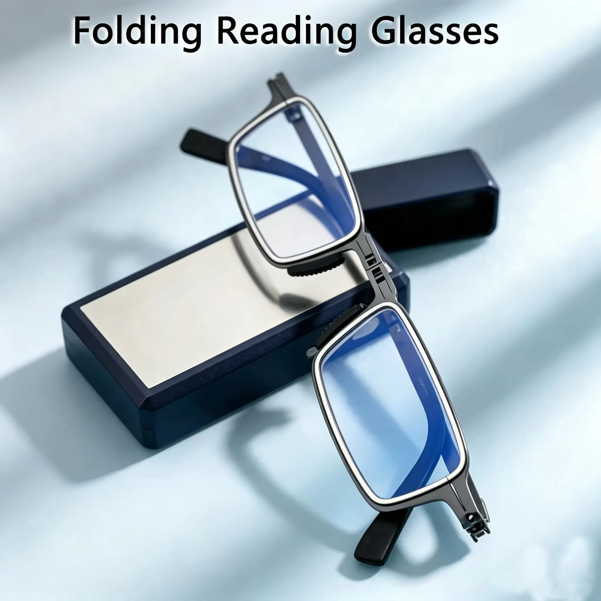 Portable Folding Reading Glasses Men, Iron Alloy Frame, Casual Style, with Protective Case, Anti Blue Light Eyeglasses