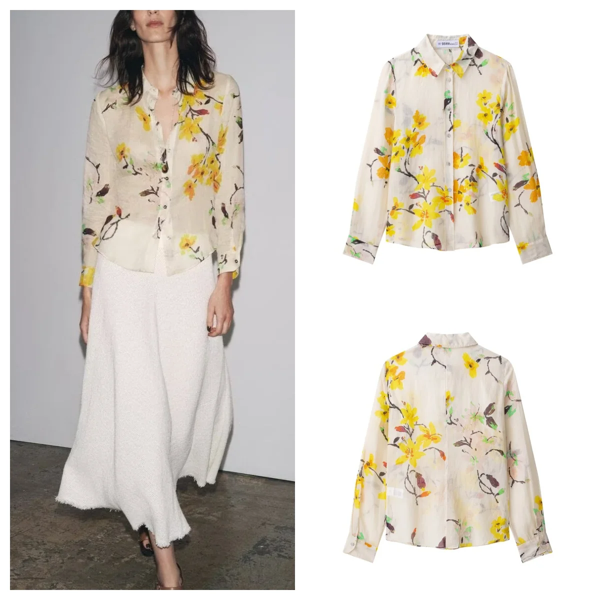 

European and American style 2025 early autumn new ramie print casual long-sleeved shirt