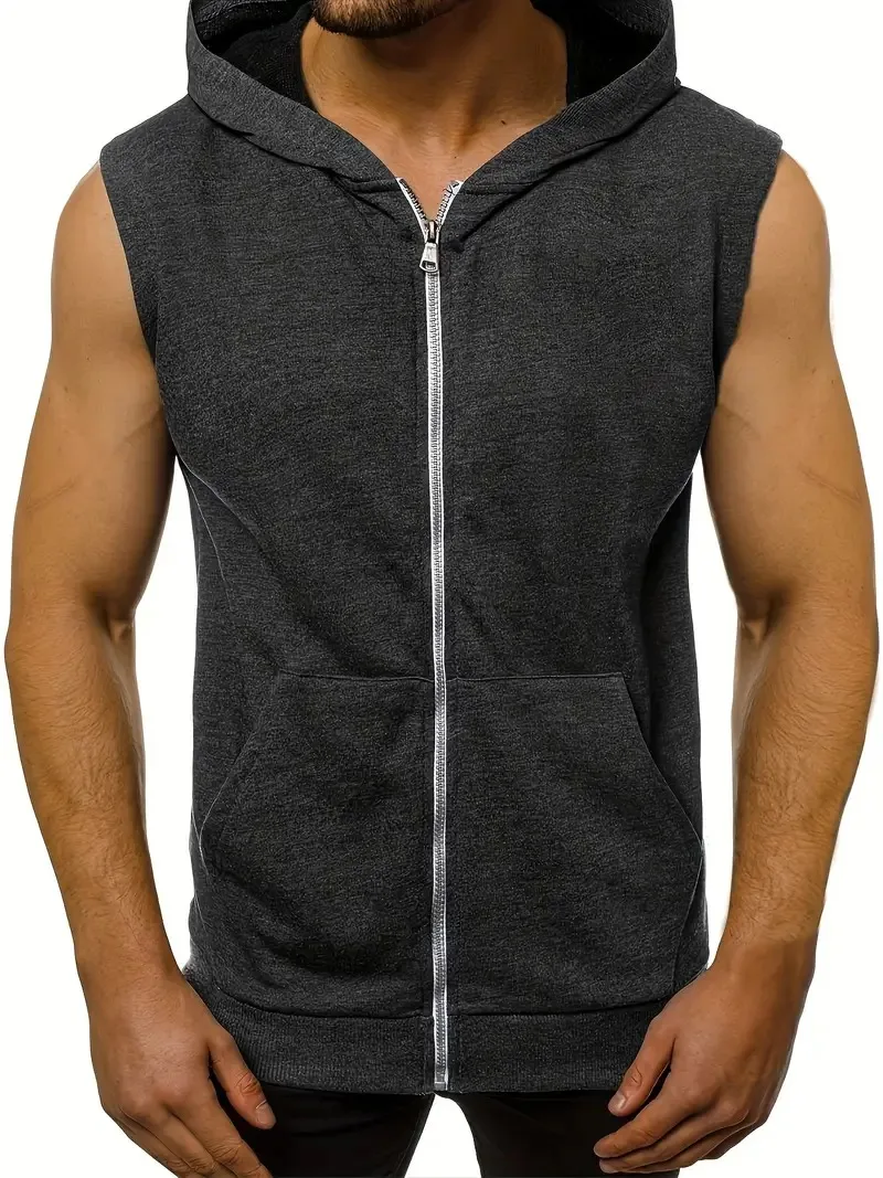 1 Piece Men\'s Casual Zip Up Hooded Tank Top, Chic Sports Sleeveless T-shirt