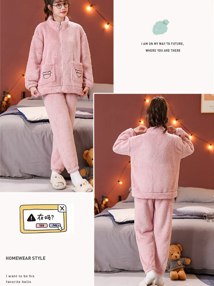 5XL Winter Warm Thicken Flannel Pajamas Women Velvet Plus Size Homewear  Loose Zipper High Collar Sleepwear Soft Plush Outwear