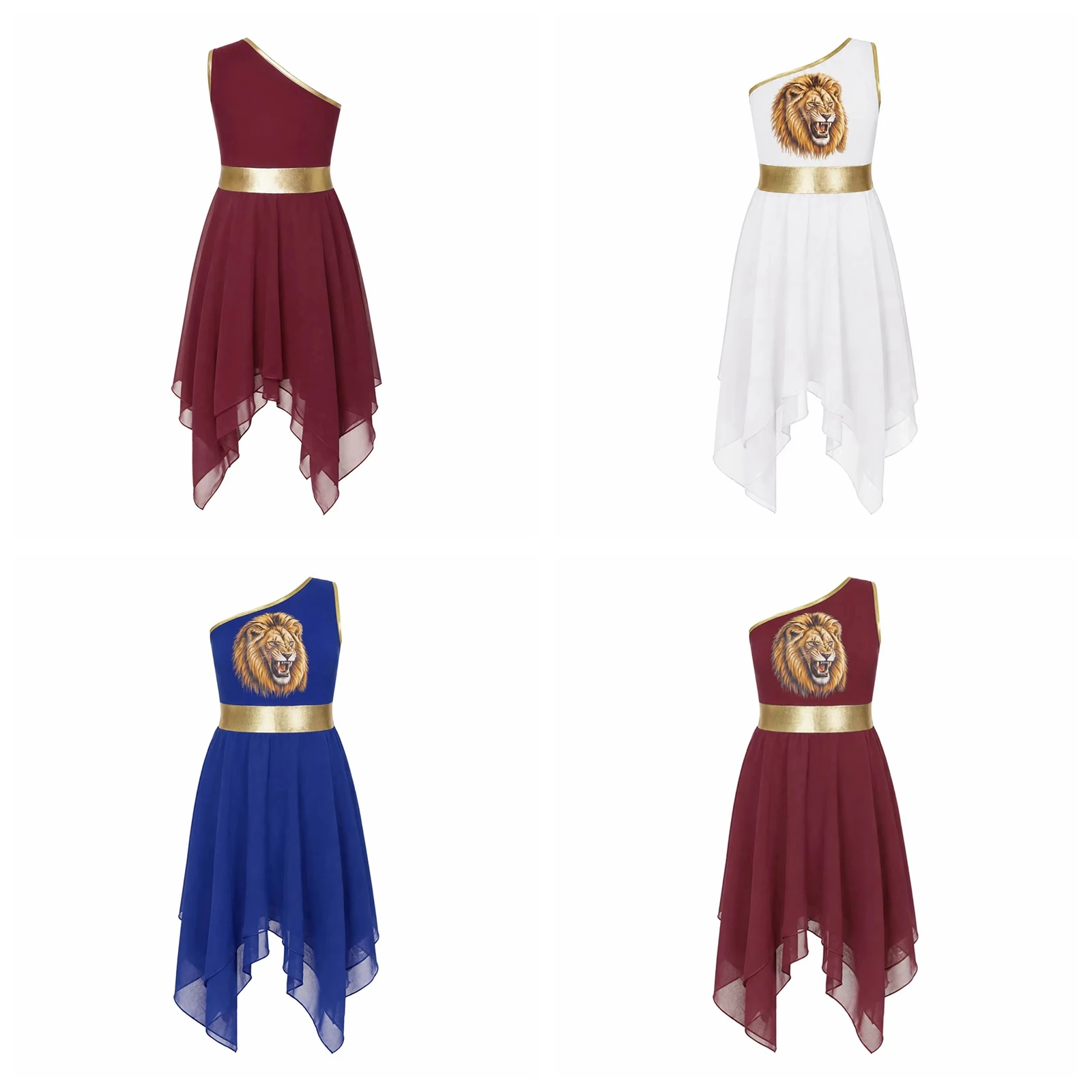 Girls Praise Worship Dress One Shoulder Lion Printed Irregular Chiffon Dress Praisewear Children Liturrgical Dance Costume