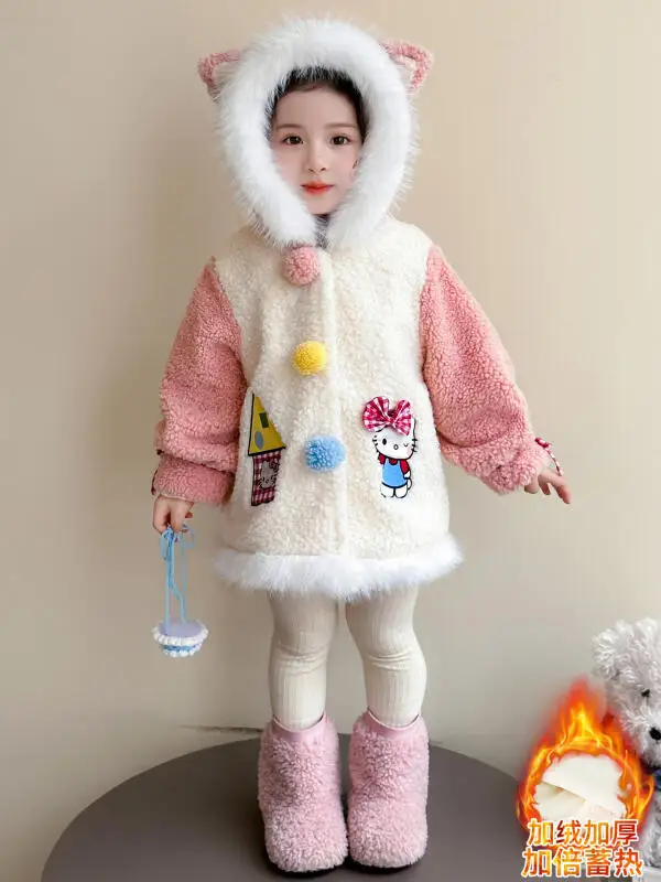 

Girls' Fleece Jacket Hello Kitty Autumn Winter Sanrio 2025 New Jacket Cotton Coat Children's Winter Baseball Uniform Cardigan