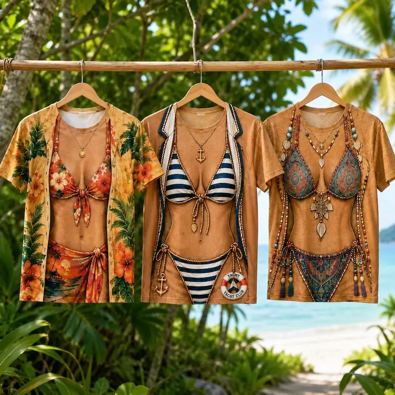 Fun Bikini T-shirt, Tropical Beach Vacation T-shirt Hawaiian Swimsuit Printed T-shirt Summer Party Clothing Party Gifts