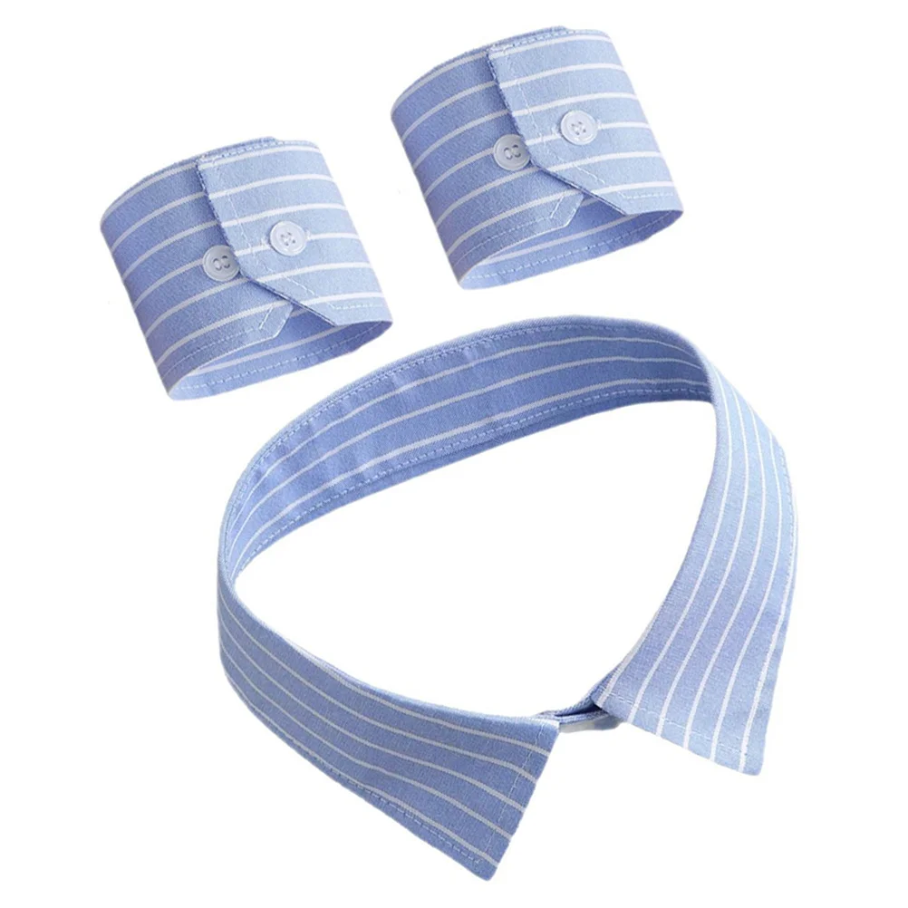 

1Set Detachable Collar Cuff Set Elegant Blue Striped Faux Blouse Accessory for Ladies Business Meetings Casual Outfits