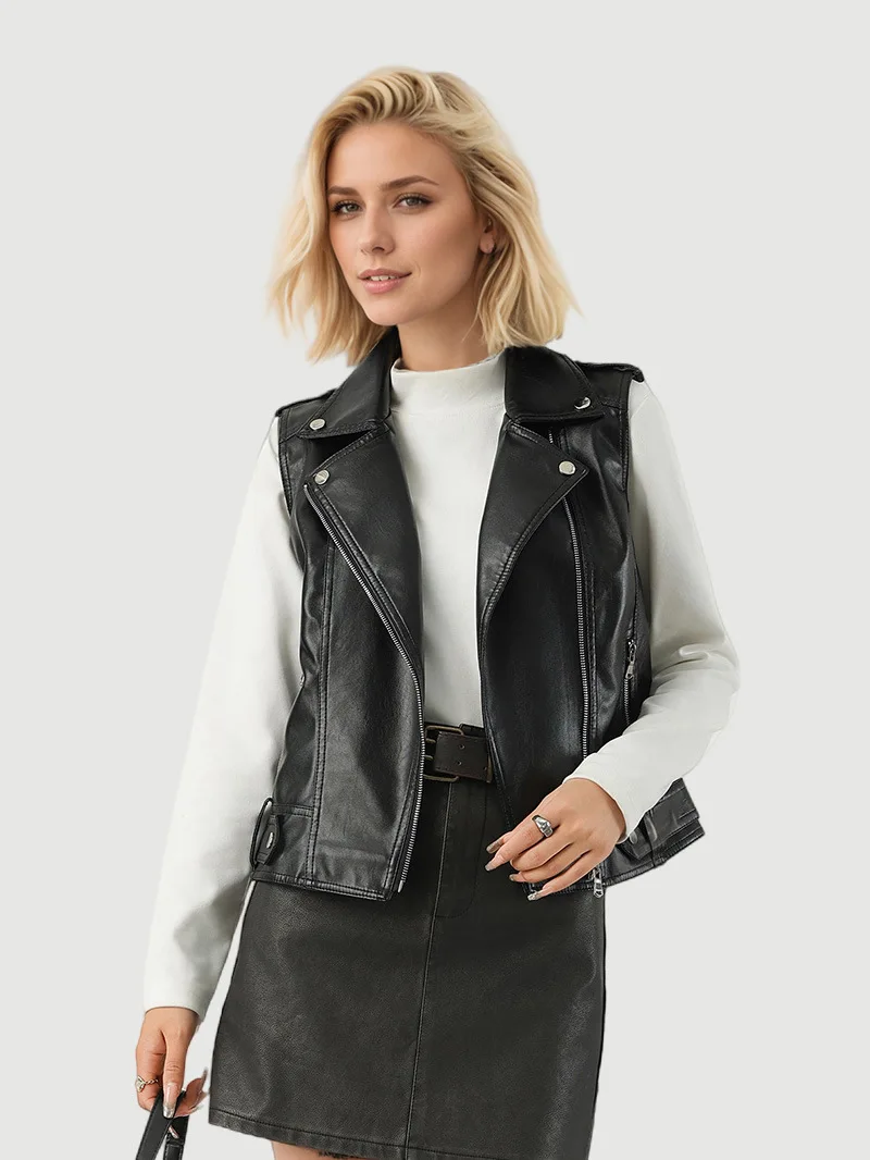 Short women's leather jacket fashionable autumn new item vest jacket versatile slim fit motorcycle suit punk black jacket