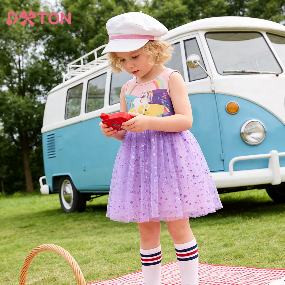 DXTON Baby Mädchen Prinzessinnenkleider Regenbogen bedrucktes ärmelloses Kleinkind-Mesh-Kleid Sommer Kinder Einhorn Urlaub Party Kostüme