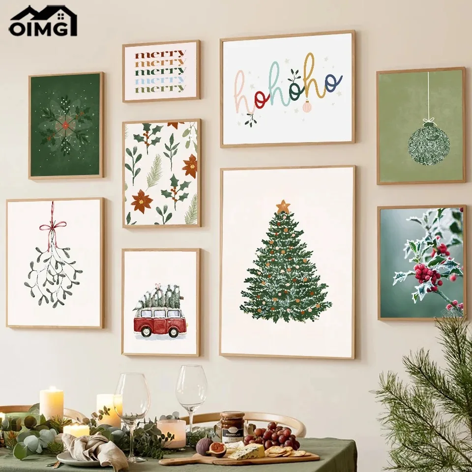Christmas Tree Ball Decoration Poster Frosted Holly Winter Van Canvas Painting Snowflake Prints Decorative Home Room Picture