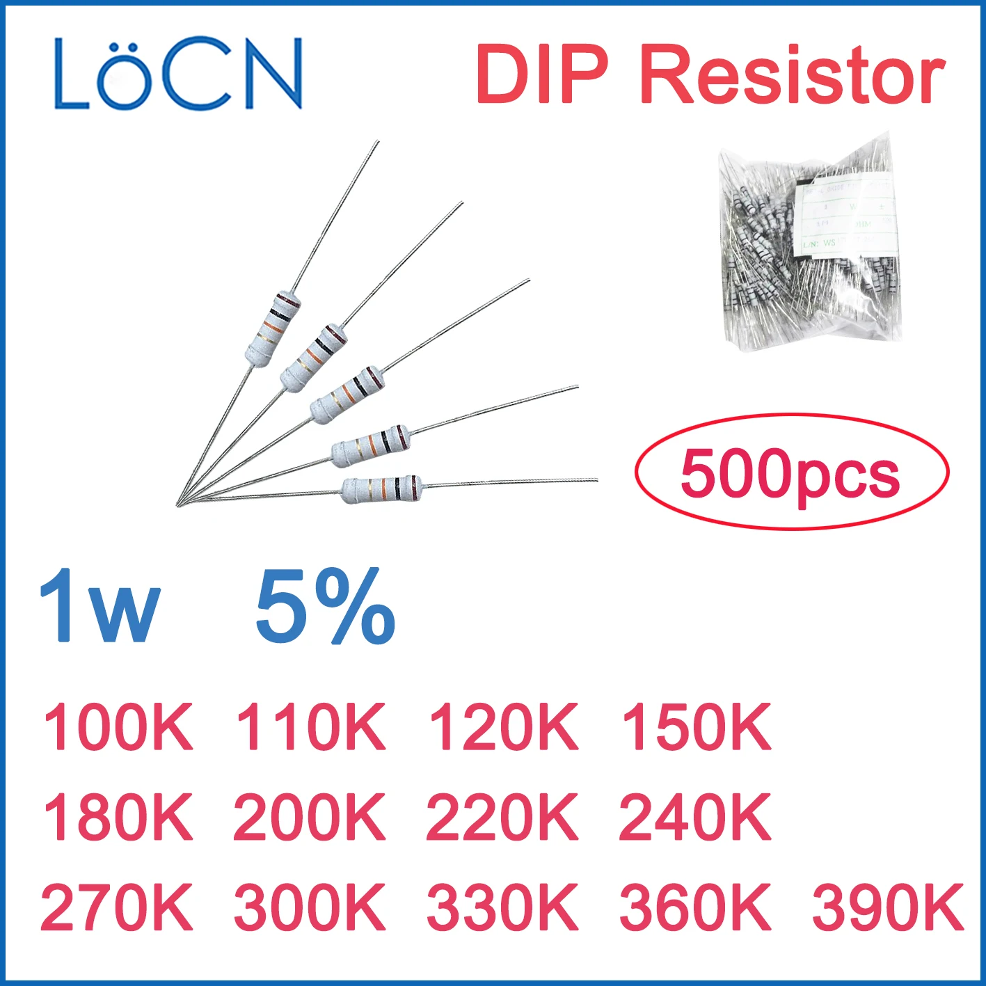 500 قطعة 5% 1 واط الكربون فيلم المقاوم DIP 100 كيلو 110 كيلو 120 كيلو 150 كيلو 180 كيلو 200 كيلو 220 كيلو 240 كيلو 270 كيلو 300 كيلو 330 كيلو 360 كيلو 390 كيلو أوم اللون الدائري