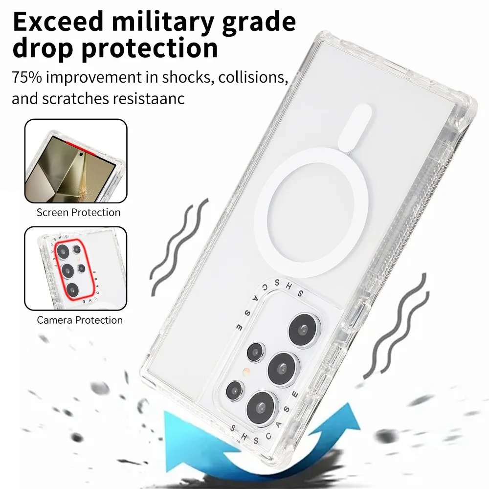 3 in 1 Magnetic Case for Samsung Galaxy S25 S24 Ultra Plus Cover Crystal Anti-knock Air-cushion Shell Magsafe Anti-slip Fundas