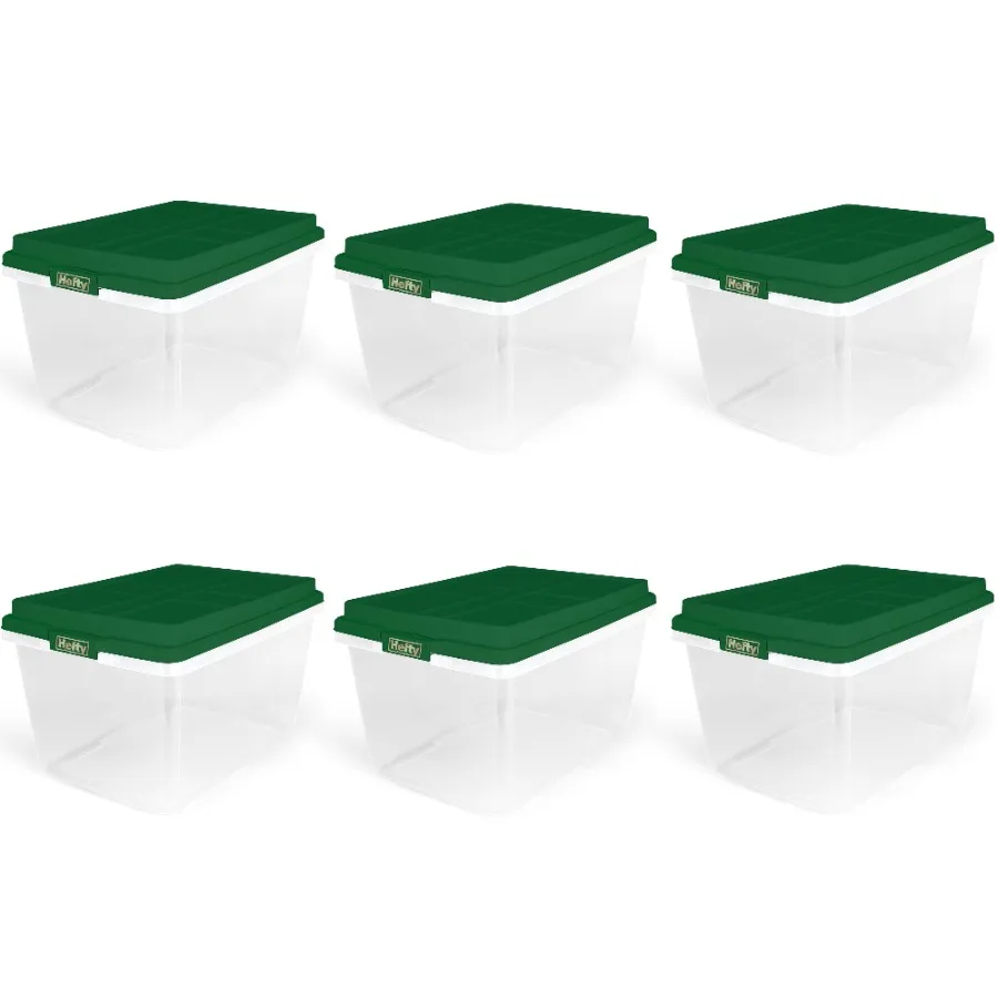 

Christmas storage bin for holiday decorations, clear plastic with holiday green HIRISE lid, 72 quart capacity, set of 6