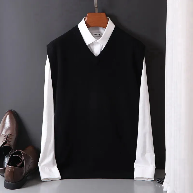Men's Soft Cashmere Blend Knit Sweaters Vest Business Leisure V-neck Vest Pullover Spring Autumn Loose Woollen Tops view 3