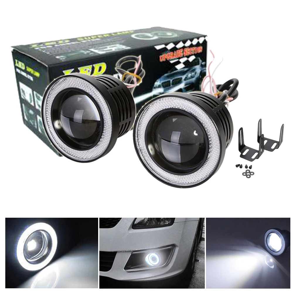 

2pcs Car Angel Eye Fog Light Round COB LED Lamp High Power w/ White Halo Angel Eyes Ring Universal Daytime Running Light Driving
