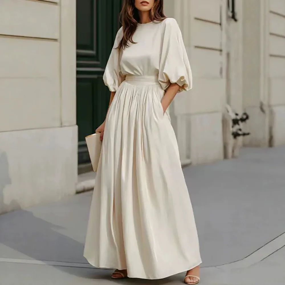 Elegantes französisches Maxikleid für Damen, Rundhalsausschnitt, Puffärmel, hohe Taille, plissiert, schmal geschnitten, lässig, für Herbst und Urlaub, langes Damenkleid