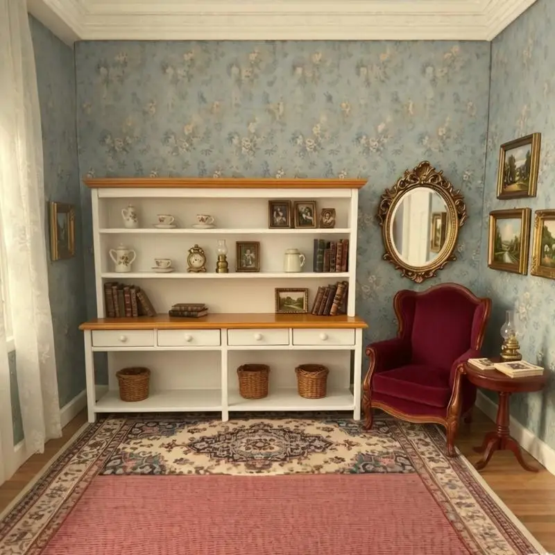 Miniatur-Seitenschrank Maßstab 1:12 für die Puppenhausdekoration mit feiner Holzverarbeitung und realistischen für – Detail 9