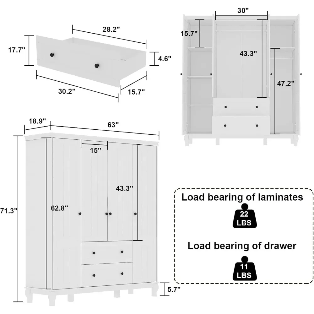 4 Door Wardrobe Closet Armoire with 2 Drawers, Hanging Rods & Multi-Tier Storage Shelves, Wood Storage Cabinet with Solid Legs