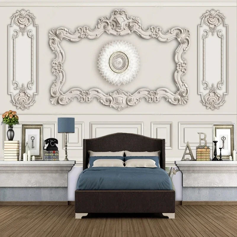 Custom Mural Wallpaper European Style 3D White Plaster Carved Living Room TV Background Wall Decor Papel De Parede 3D Paisagem