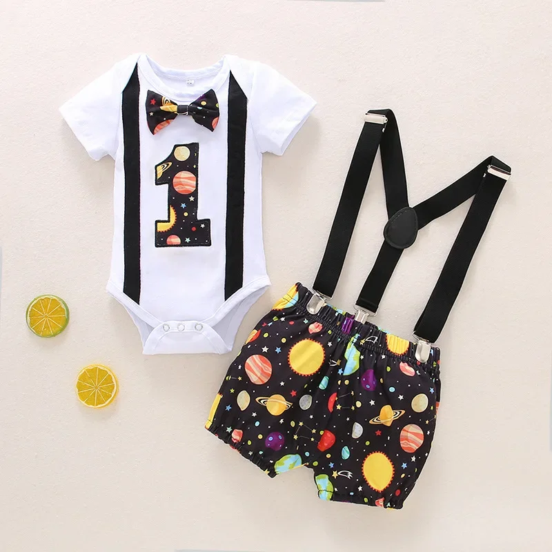 1 Year Baby Boys Clothes Infant Baby Boy Cartoon Dot Print Romper Suspender Shorts Birthday Toddler Photography Outfits