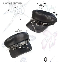 Harajuku Punk Rivet Buckle Beret Subculture Gothic Black Peaked Cap Versatile American Retro Hot Girl Y2K Berets Caps for Women