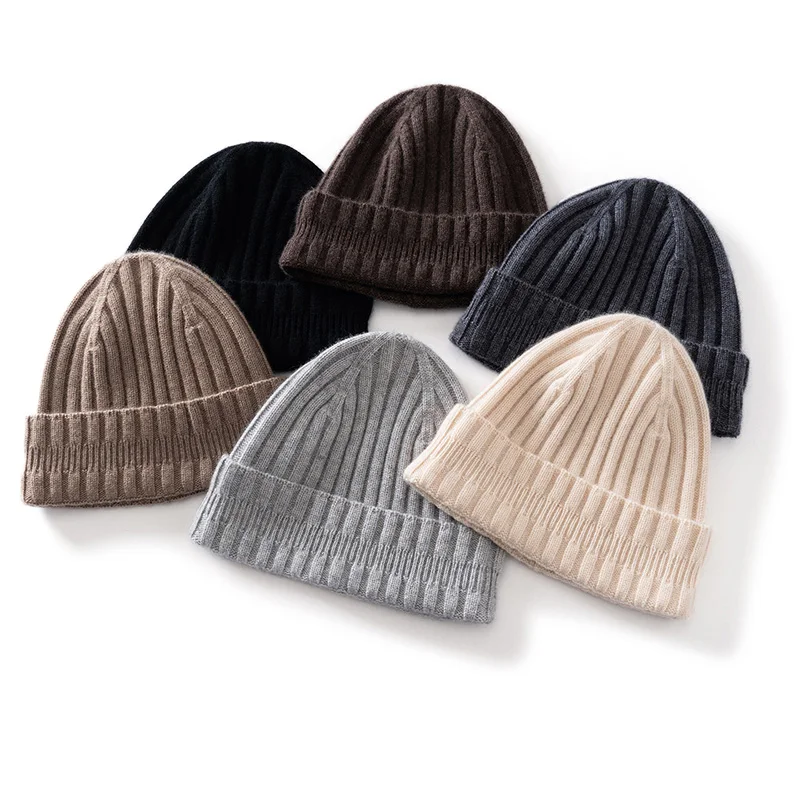 100% Cashmere Hat For Women Autumn And Winter Warm Ear-Protecting Knitted Hat Fashionable And Simple Striped Men'S Wool Hat