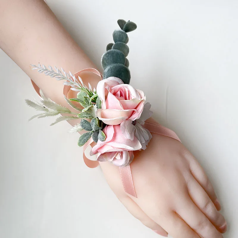 Ramillete para novio, accesorios de boda, broche hecho a mano, rosas de seda, pulsera falsa, flores de ojal para damas de honor, decoración de Graduación