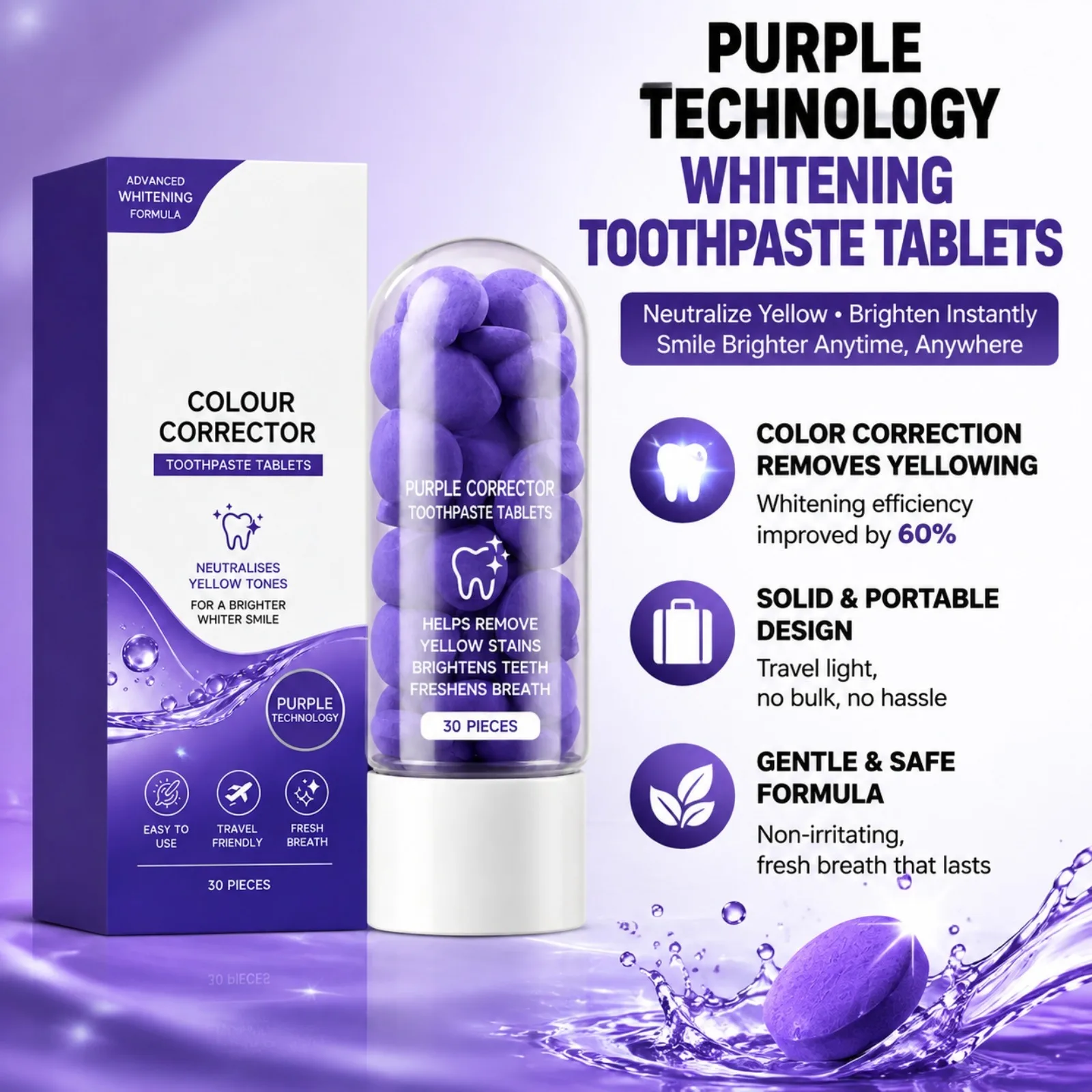 Purple Toothpaste Tablets Colour Corrector Surface Stain Neutralises Yellow Tonesfor a Brighterwhiter Smile Oral Care