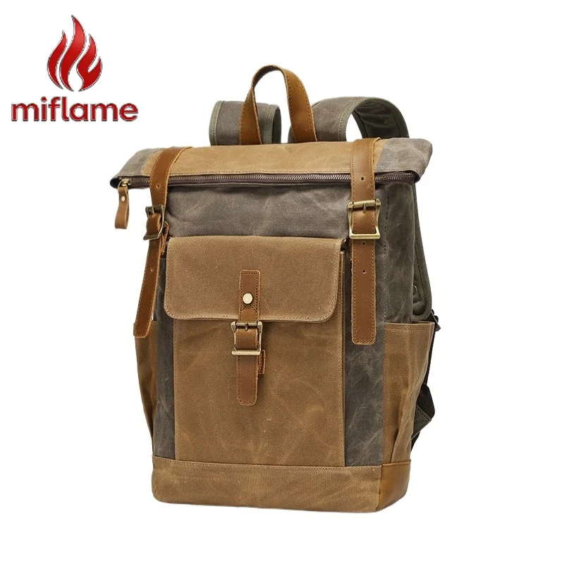 Vintage Canvas Backpack Men Women Laptop Travel Rucksack Daypack Oil Waxed Leather