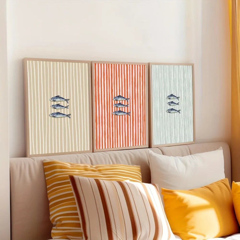 Impresión de carteles de sardina sin marco, decoración de cocina Retro, impresión de rayas verde salvia roja Beige, pared de mariscos, impresión de loros, 3 uds.