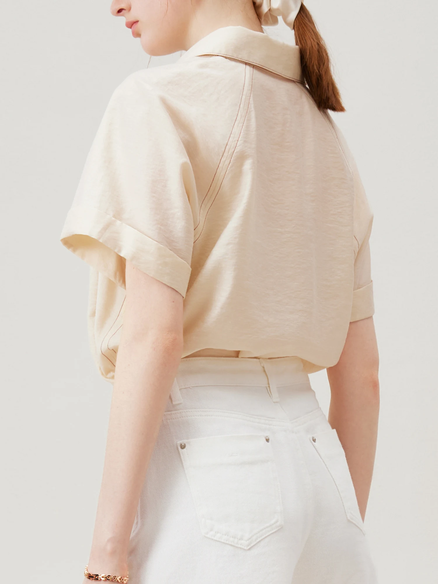 FSLE Women Summer Shirts Raglan Sleeve Female Short Sleeve Beige Yellow Blouses Single Breasted Thin Linen Shirt 24FS18074