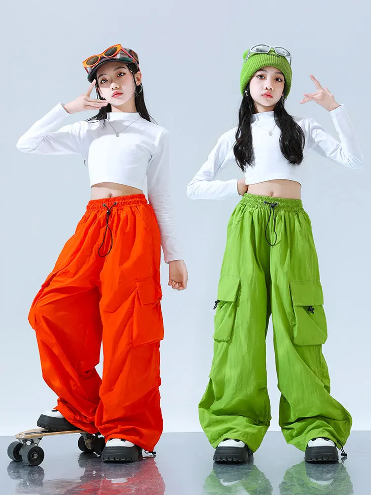 Childre Kpop Stage Costume Girls Jazz Hip Hop  Clothes Sets Exposed navel Long Sleeve Top Loose Pants Street Dance Wear