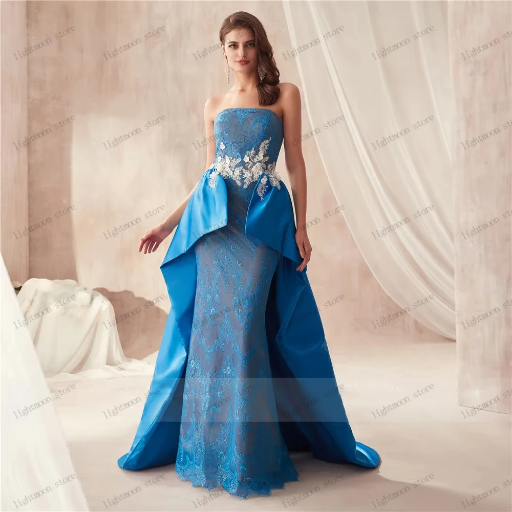ゴージャスなイブニングドレス サテン プロムドレス レース アップリケ ストラップレス バックレス ローブ フォーマルパーティー用 ベスティドス デ ガラ カスタマイズ