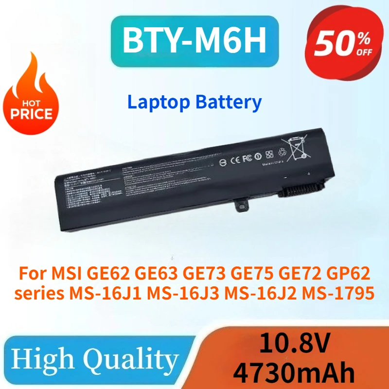 

100% New Laptop Battery BTY-M6H 10.8V 4730mAh for MSI GE62 GE63 GE73 GE75 GE72 GP62 series MS-16J1 MS-16J3 MS-16J2 MS-1795
