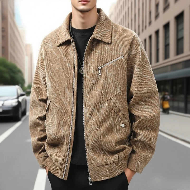 

Jacket Tie Dye Corduroy Printed Collar Men Multi Pocket Coat Fashion High Quality Handsome Soft Streetwear Windproof for Outdoor