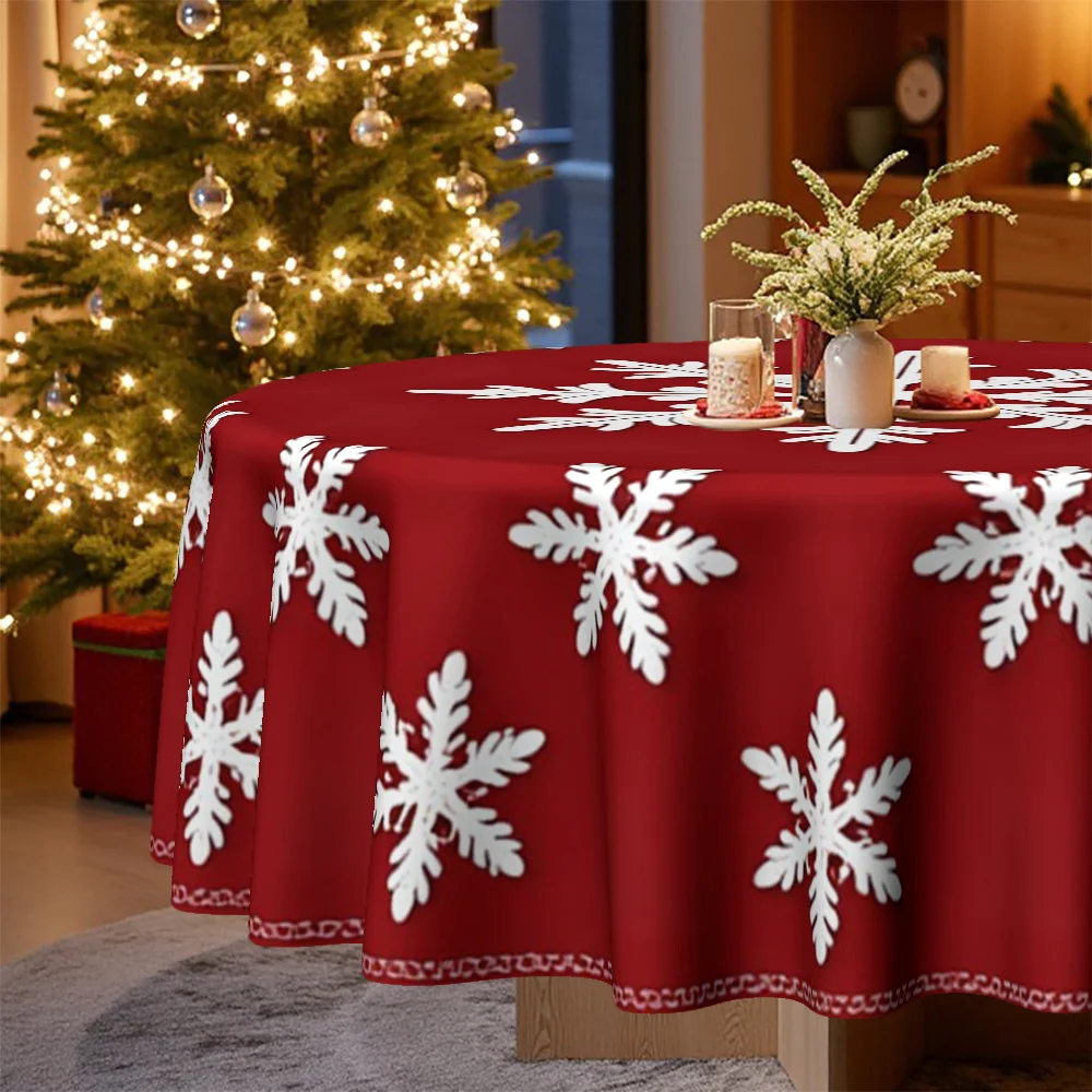 1 Christmas theme, festive red background snowflake print round tablecloth