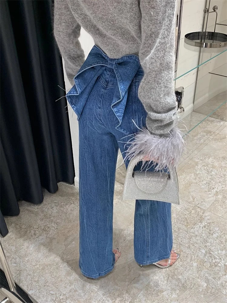 

New Arrival Solid Designer Patchwork Bowknot Denim Pant For Women High Waist Spliced Button Streetwear Wide Leg Pants Female