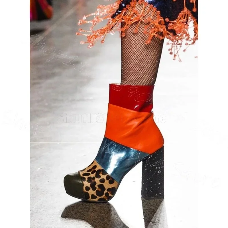 

Leopard Print Wide Stripe Design Platform Boots Back Zipper Women Shoes Chunky High Heels Party Runway 2025 Zapatos Para Mujere